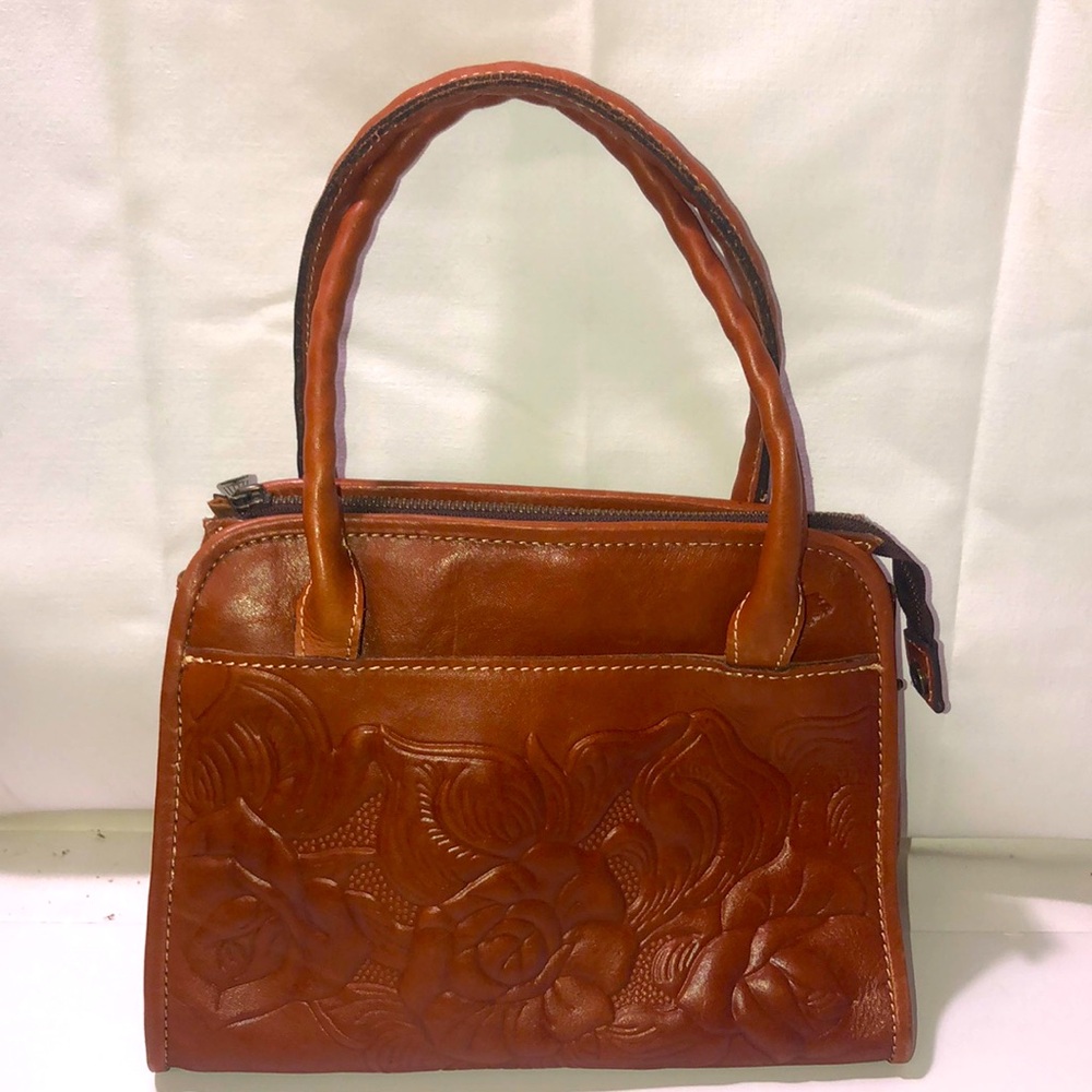 Patricia Nash Vintage Tooled Leather Handbag, Brown Floral Design, Many Pockets